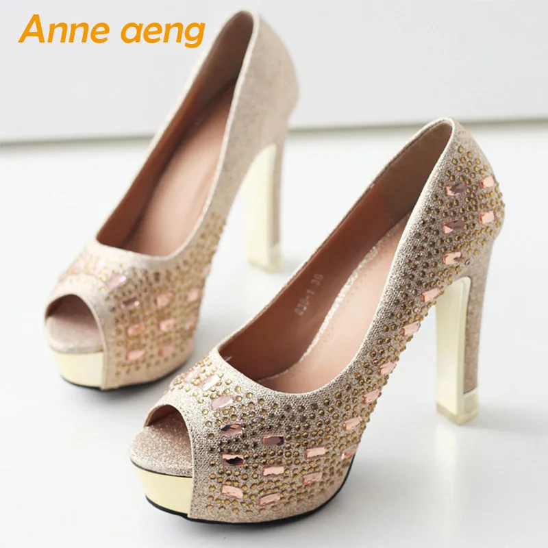 

2019 New Women Pumps High Square Heel Peep Toe Sexy Ladies Bling Crystal Bridal Wedding Women Platform Shoes Gold High Heels