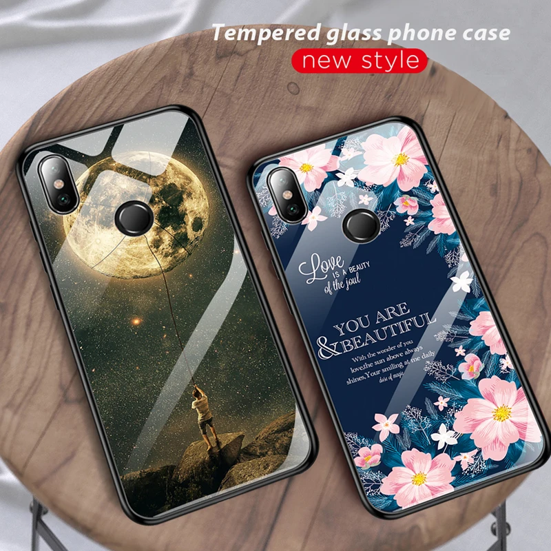 

PC Back Cover For Xiaomi Mi 8 A1 A2 Lite Mi8 Pocophone F1 Patterned Tempered Glass Case For Xiaomi Mi6X Mi5X Redmi Note 6 Pro