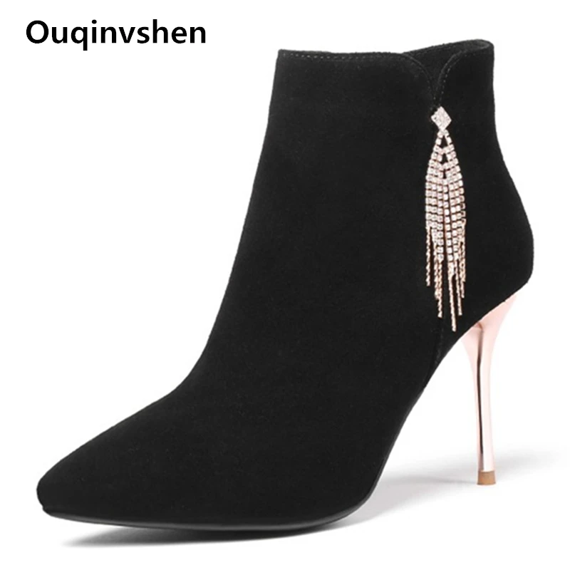 

Ouqinvshen Crystal Thin Heels Sexy Winter 2018 Elegant Short Plush Fashion Kid Suede Autumn Black Boots Pointed Toe Ankle Boot