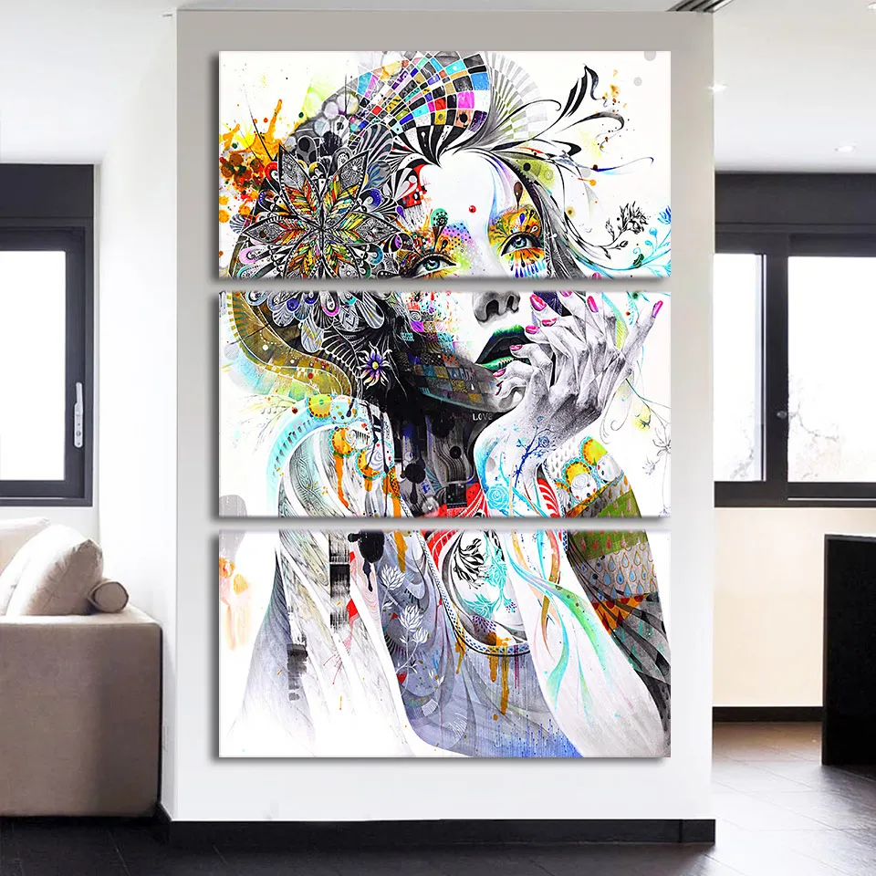 

Canvas Wall Art Paintings Home Decor 3 Pieces Abstract Watercolor Girl Face Flower Hair Pictures Modular HD Prints Poster Framed