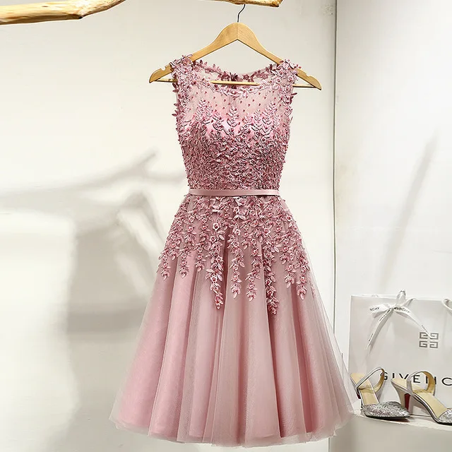 Это YiiYa платье для выпускного вечера с вышивкой бисером Иллюзия Короткие свадебные торжественные платья аппликации цветы длиной до колена вечерние платья LX073-1 - Цвет: Розовый