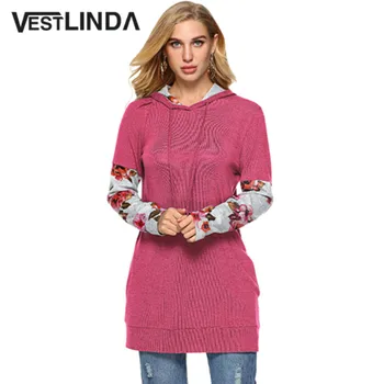 

VESTLINDA Hooded Long Sleeve Floral Print Pocket Women Hoodie Female Clothing 2018 Fall Fashion Casual Sweatshirts Women'S Top