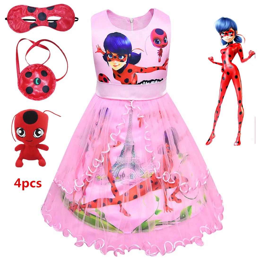 

2019 New Tales of Ladybugred gown Ladybug dress cartoon child kids girl dresses lady bug clothes Cat Noir Marinette clothing