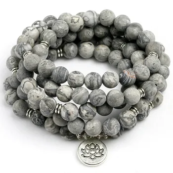 Natural Matte Grey Map Stone Charm Bracelet Natural Bead Mens Bracelet Chakra 108 Mala Jewelry Gift for Him Free Shipping