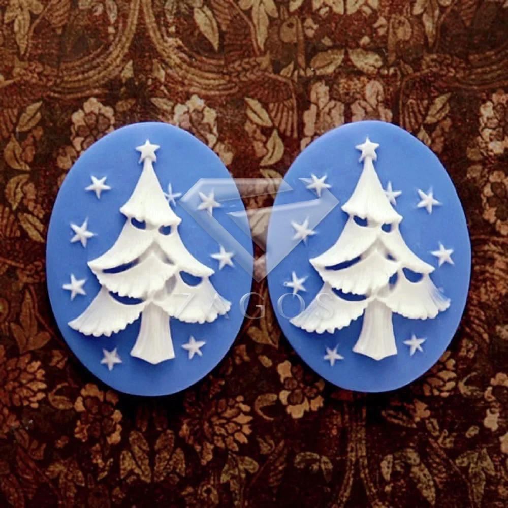 2/4 шт. полимер винтажный Стиль Овальный фестиваль Рождественская елка с плоской задней частью камео кабошоны 40x30 мм для ювелирных аксессуаров RB0605 - Цвет: Blue and White
