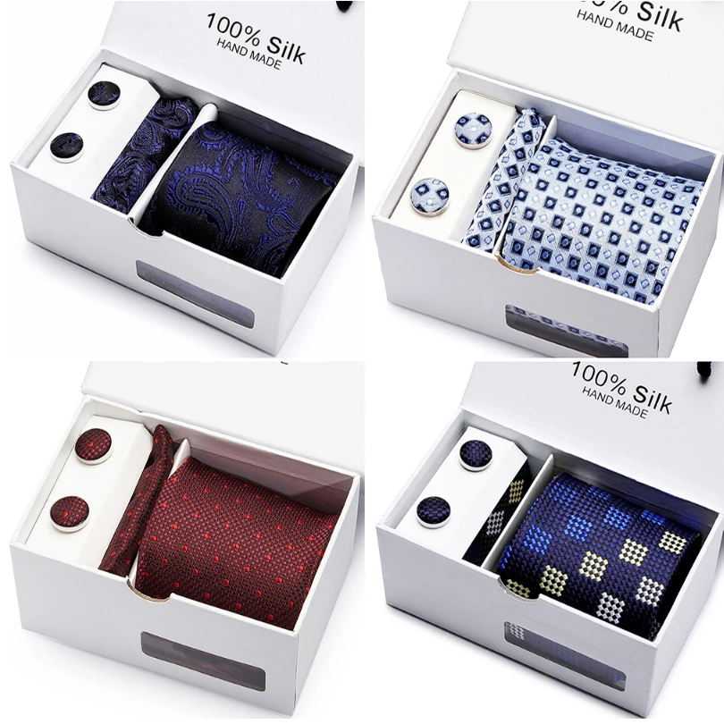  2 pcs/lot Ensemble wine red Paisley Man Tie Handkerchief and Cufflinks Gift Box Packing Many Color 