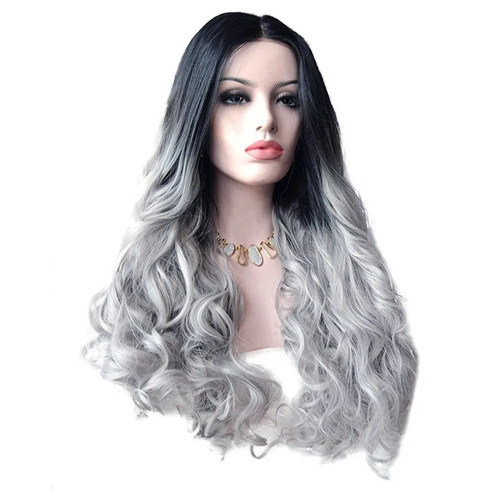 

Women Wig Less Lace Front Hair Black Gradient Wave Long Curly Wigs Rose Net High Temperature Synthetic COSPLAY Photography Hair