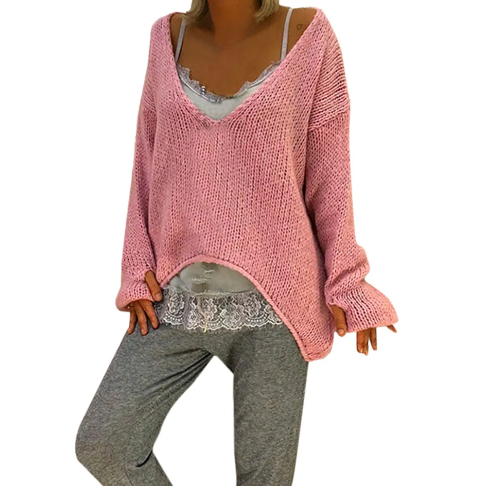 

sexy Pullover fashion Women Sweater loose deep v-neck Knitted sueter feminino autumn Casual jumper Sweaters plus size d90703