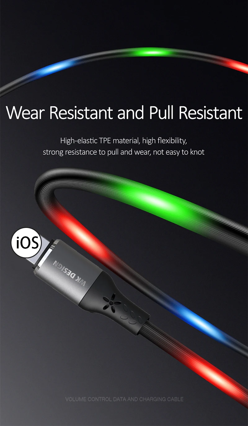 WK Быстрая зарядка Голосовое управление Светодиодный светильник флэш-танец USB кабель для iPhone X XS Max XR 6 7 8 Plus для iPhone кабель