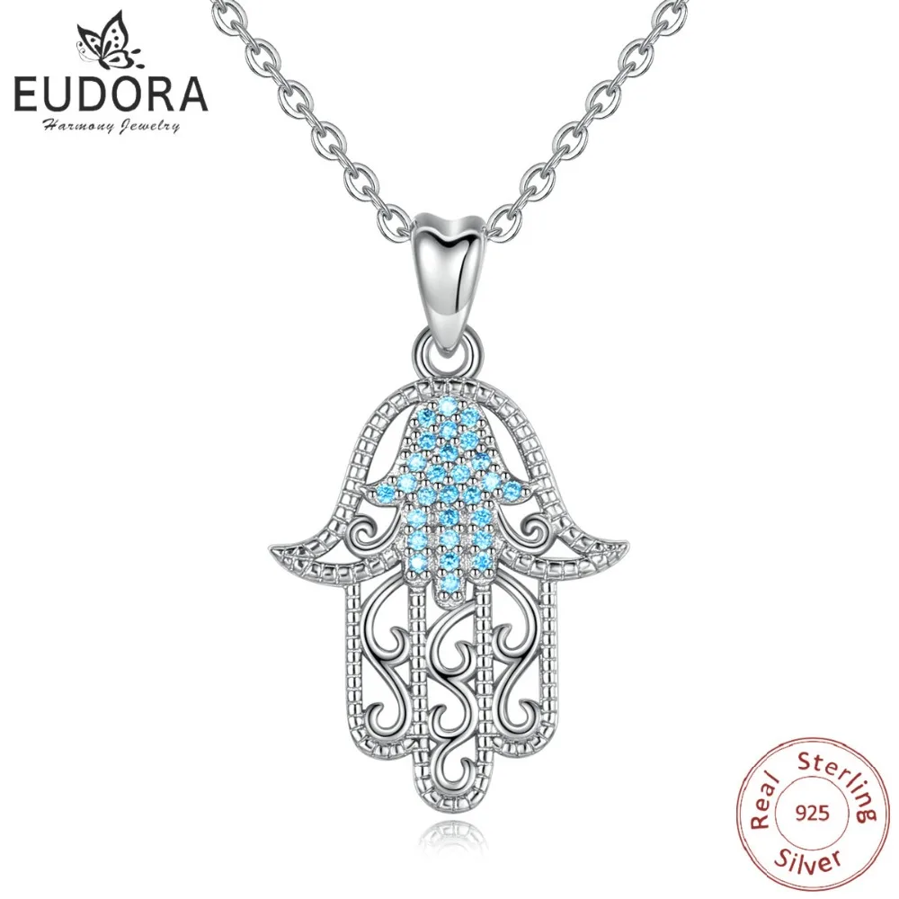 Authentic EUDORA, серебро 925 пробы, подвеска Фатима Хамаса, ожерелье с синим фианитом, очаровательное серебро 925, оригинальные ювелирные изделия D366