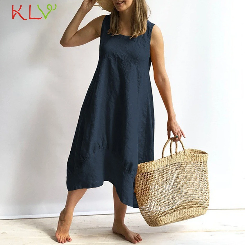 

Dress Women Elegant Cotton Linen Casual Loose Pocket Summer Calf Dress Party Night Dress 2019 Plus Size Vestidos Robe Femme 19My