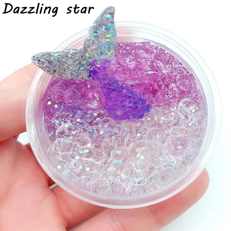 

2019 Fish tail transparent slime DIY Crystal Lizun Anti Stress Sludge Toy Rice grains Modeling Clay for Kids toy gift