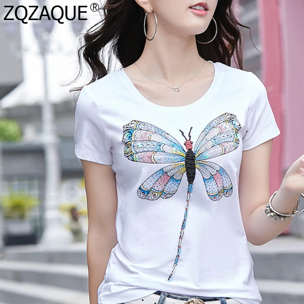 

100% Manual Beading Cotton Tops Women's Fashion Diamonds Dragonfly Plus Size T-shirts Spring Summer Nice Bottom Apparels SY1967