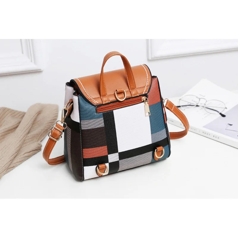 Multifunctional Colorful Plaid Women Bags Backpacks Fashion Brand Retro Leather Lady Backpack Small Shoulder Bag For Young Girl