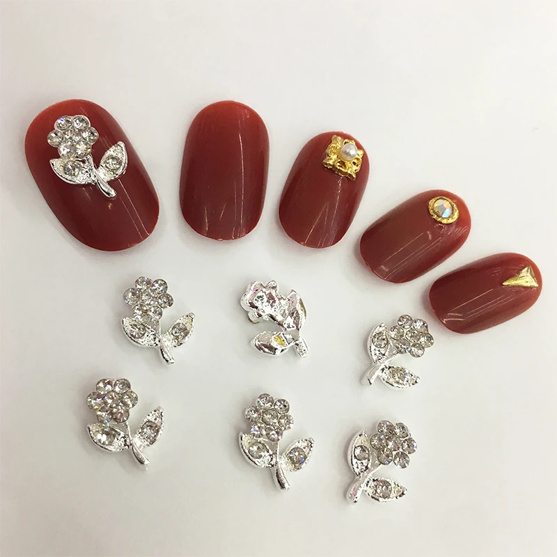 LEAMX 10 шт./пакет с цветами и стразами украшения для ногтей Сияющий роза на День святого Валентина 3D серебристого металла Nail ювелирных шпильки