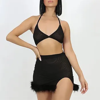 

Sexy Feather Tirm Mesh Skirt Set Crop Top And High Waist Matching Set Sleeveless Festival Outfits Wholesale