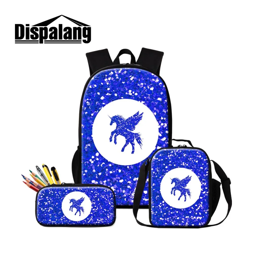 

Dispalang Blue Unicorn School Backpack Patterns Insulated Lunch Cooler Bag for Children Personalized Bookag Pencil Case for Girl