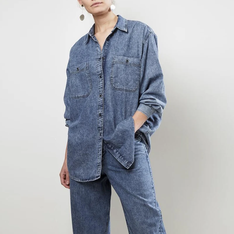 

Lynton SNOW WASHED Denim Shirt Long Sleeves Front Buttoned UP CHEST POCKETS OVERSIZED TOP 2019SS