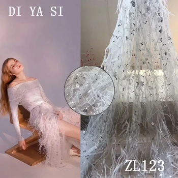 

3d beige African french lace handmade 3d borders tulle feather wedding dress material with beads 5 yard