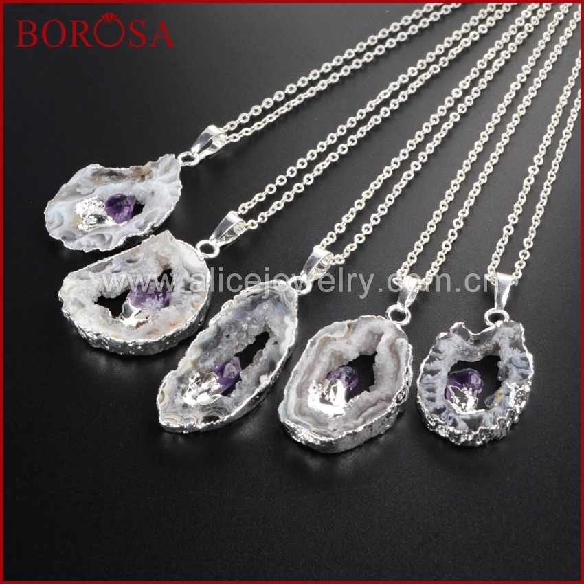 

BOROSA Silver Color Freeform Natural Onyx Druzy Crystal Slice Pendant Inlay Natural Purple Crystal Necklace WX008-N