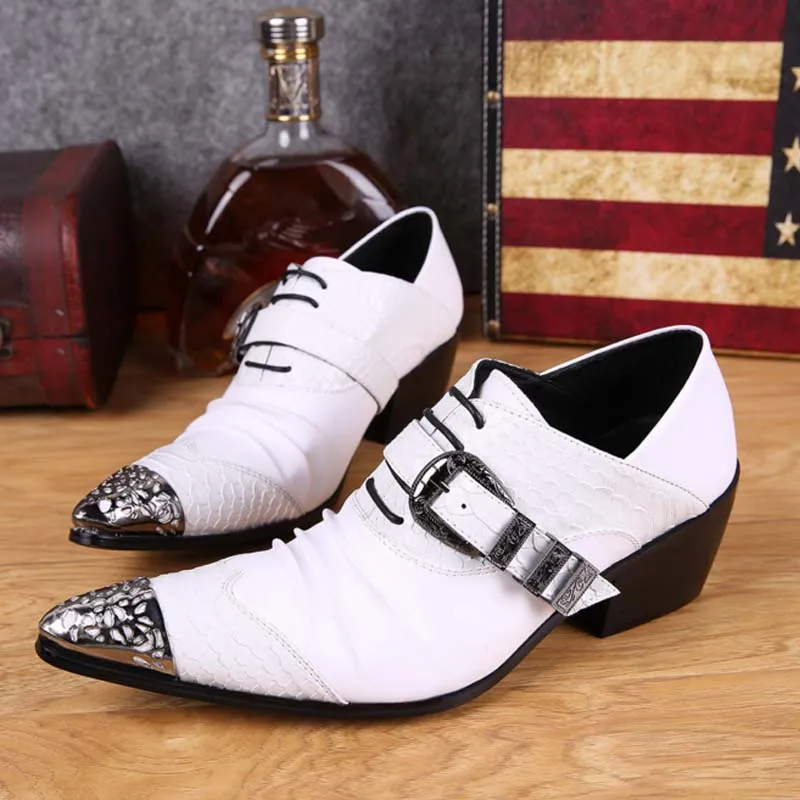 Blanc Richelieus Mode Hommes Pointu Véritable De Robe White Soirée Main Chaussures Cuir Haute Bout Talons En La Mariage À Boucle Avec rPvCrn