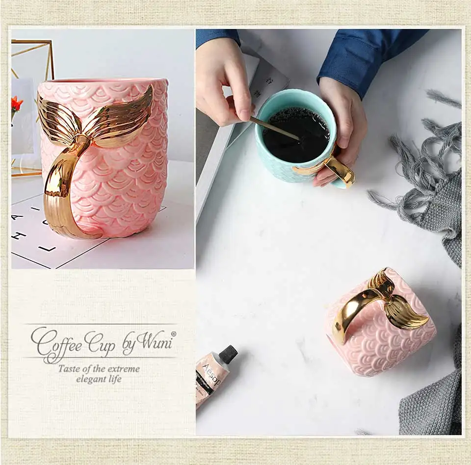 400ML Coffee Mug Travel Tea Cups And Mugs Ceramic Porcelain Creative Morning Mug Set Gold Mermaid Golden Handle Milk Mug For Kid (5)