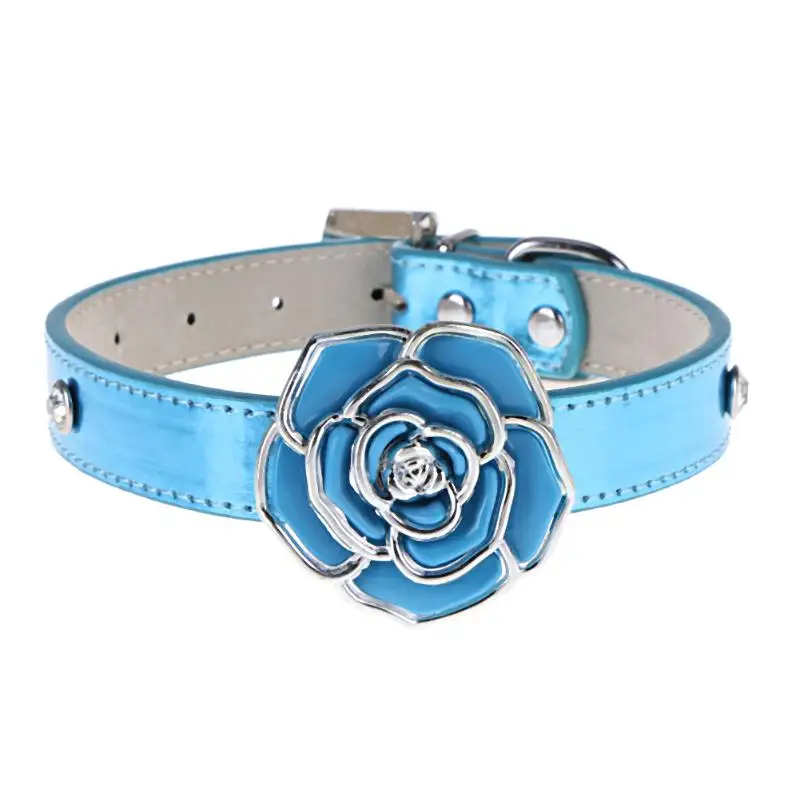 PU Leather Pet Dog Collar Flower Rhinestones Puppy Cat Pet Leads Neck