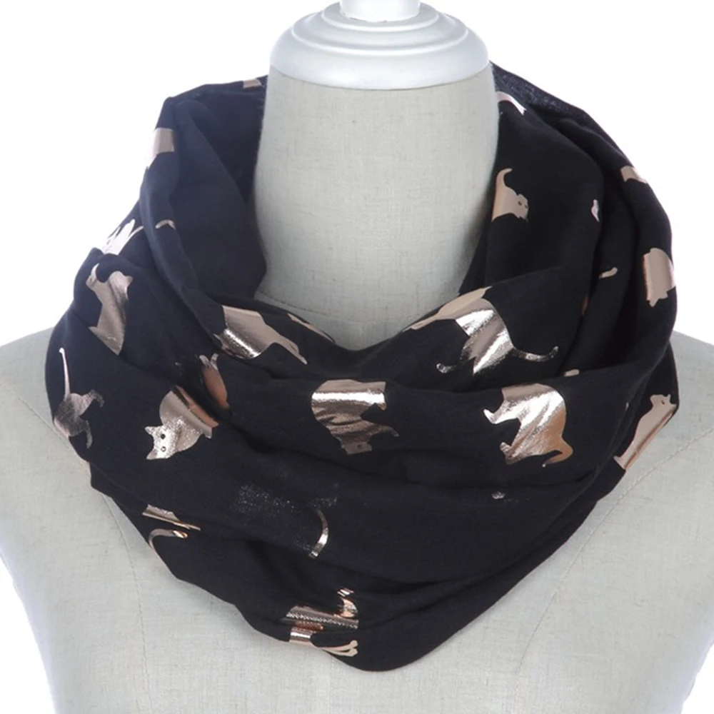 

Winfox Fashion Loop Snood Scarf Female Shiny Pink Grey Navy Foil Gold Metallic Cat Loop Scarf Wrap Shawl Foulard Ladies Women