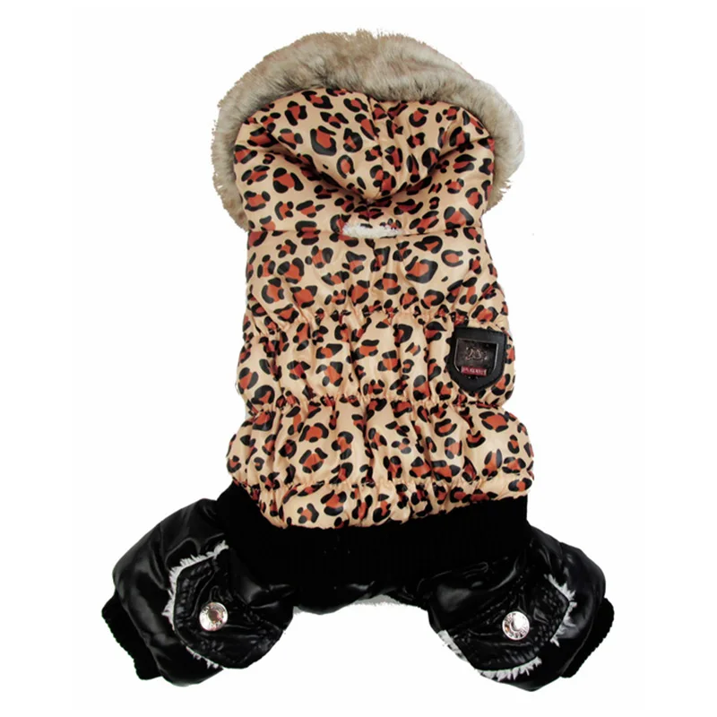 Крутая леопардовая зимняя теплая хлопковая стеганая куртка с меховым воротником для собак, флисовая одежда для маленьких собак, комбинезон с капюшоном