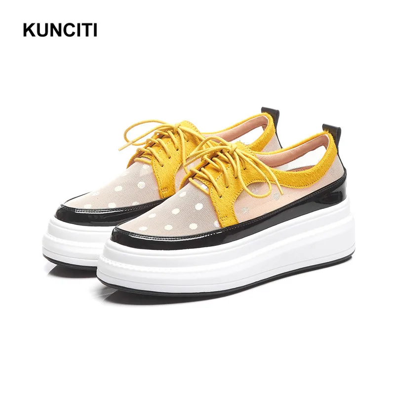 

2019 KUNCITI New Designer Platform Shoes Lace Up Casual Shoes Horsehair Comfortable Polka Dot Spring Fashion Flats Hot F9101
