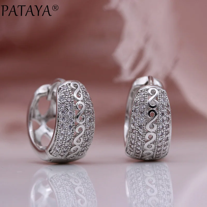 PATAYA New Natural Zircon Hollow Dangle Earrings Women Fine Noble Fashion Jewelry White Gold Wedding Party Round Unique Earrings