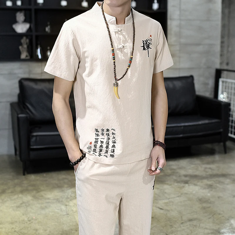 

Loldeal Chinese Summer Linen Embroidery Set Men's Cotton Linen Short Sleeve T-Shirt + Pants