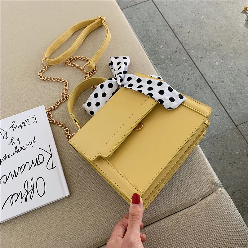 

Girl Small Square Bag Female Handbag Silk Scarf Bow Chain Hasp Pure Color Korean 2019 Summer New Simple Shoulder Crossbody Bags