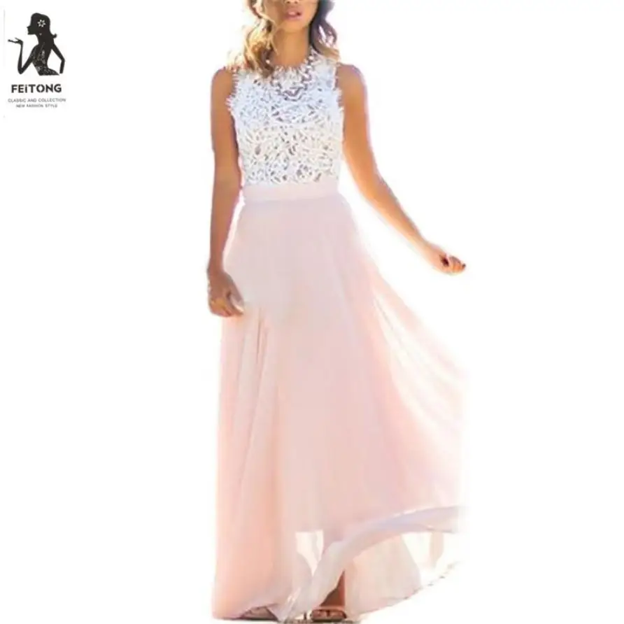 

2019 New Style Women Summer Dress Pink Sleeveless Round Neck Fashion Chiffon Lace Sexy Beach Party Elegant Maxi Dresses