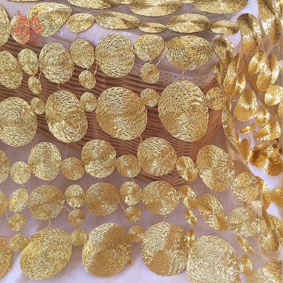 

American style gold circle embroidery lace fabric for wedding party dress mesh lace fabric for sewing free shipping SP3453