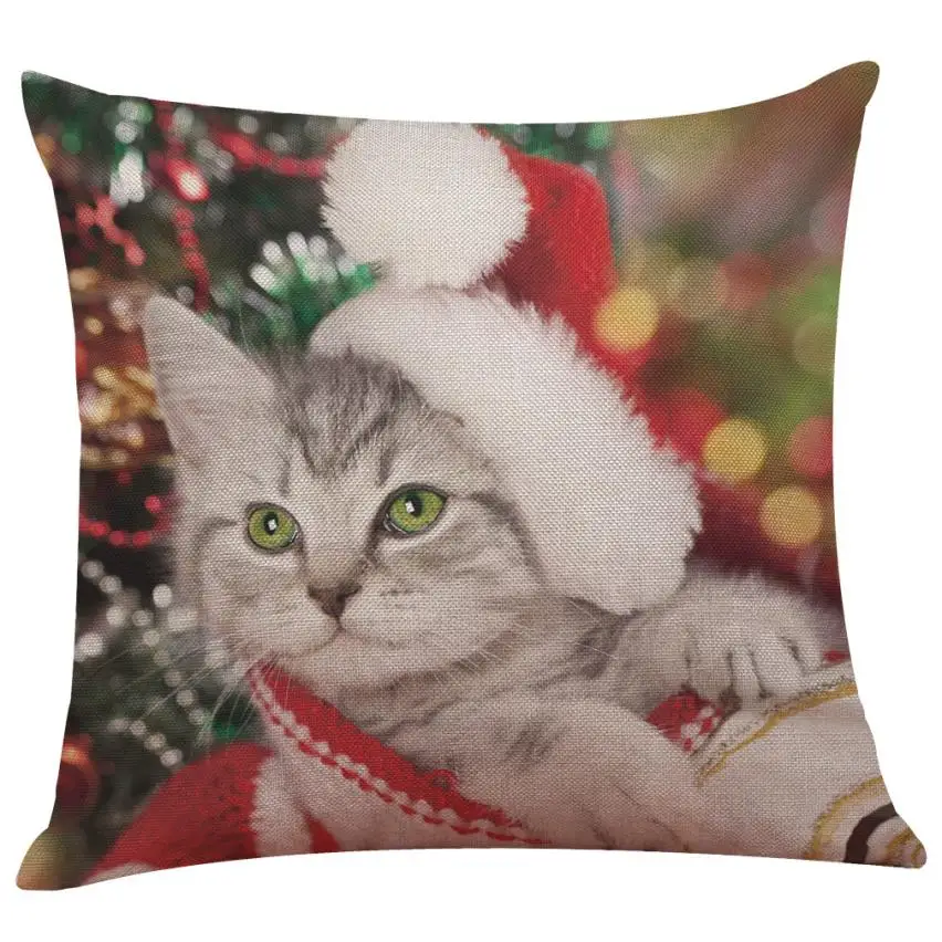 45* 45cm Cat Christmas Cotton Linen Throw Pillow Cushion Cover Car Home Decor Bed Sofa Decorative Pillowcase funda cojin 807