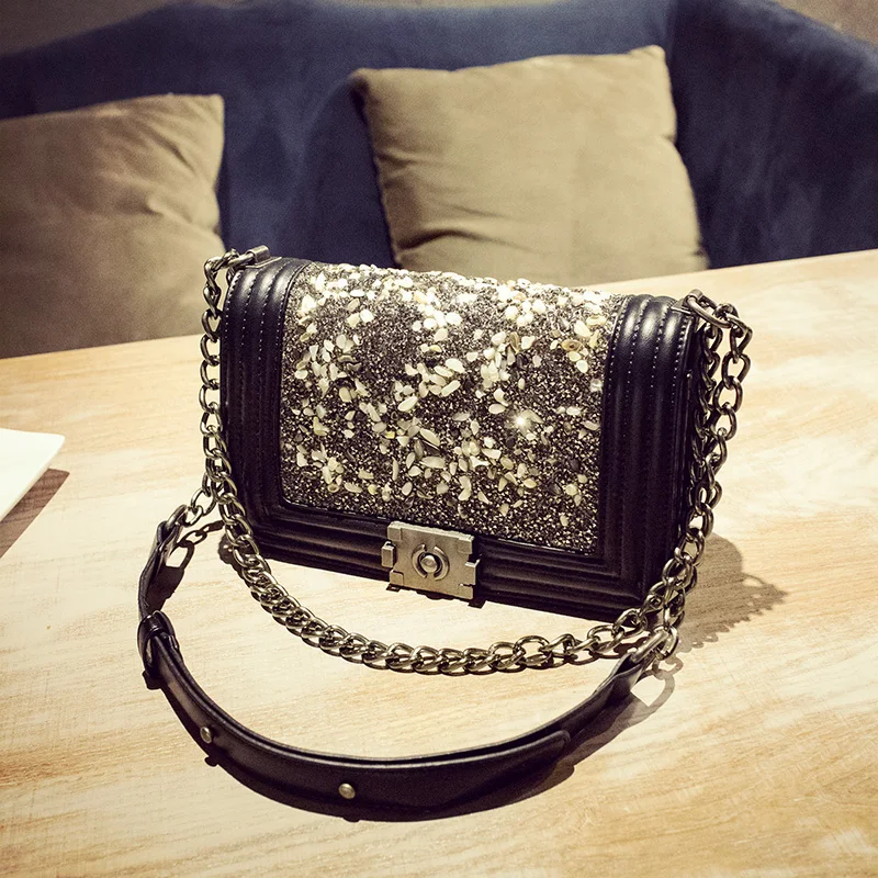  Designer C & C bags famous brand BLACK women bag Chain bag female 2017 autumn lock bag rhinestone one shoulder crossbody on sale 