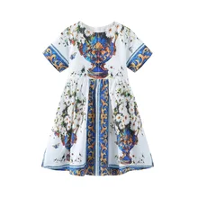 Платье для девочек коллекция года, летнее Брендовое платье Fille, детские платья для девочек, одежда платье принцессы с цветочным принтом платья для девочек возрастом от 2 до 10 лет