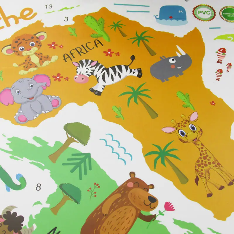 Colorful World Map Wall Sticker Decal Vinyl Animal Cartoon Wall Stickers For Kids Rooms Nursery Home Decor Children Art Poster