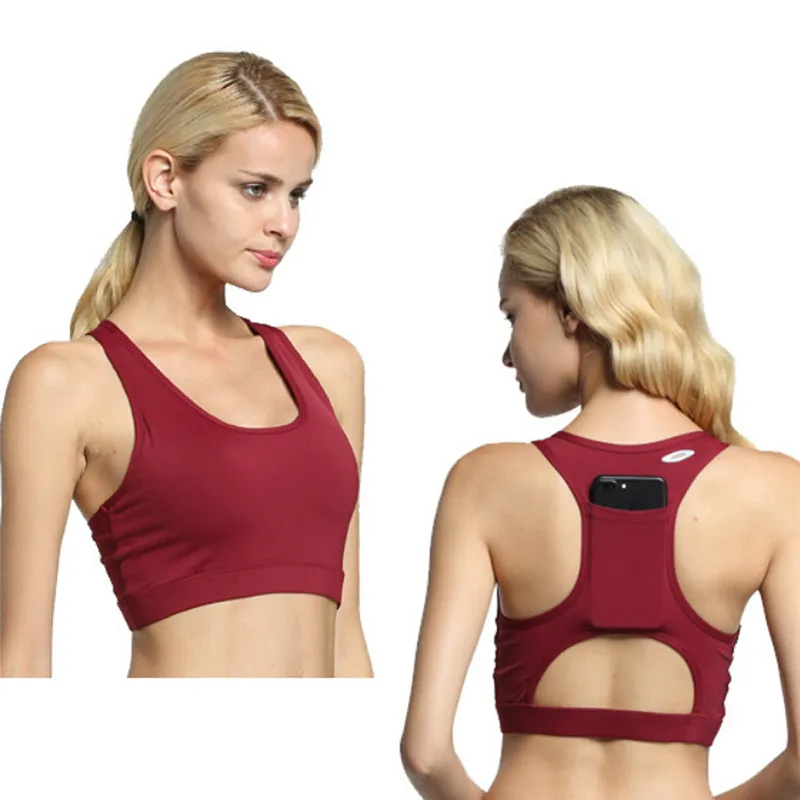 

New Women Sports Bra Breathable Portable Back Pocket Push Up Workout Bra Yoga Shirt Running Sports Bra Sportswear Top