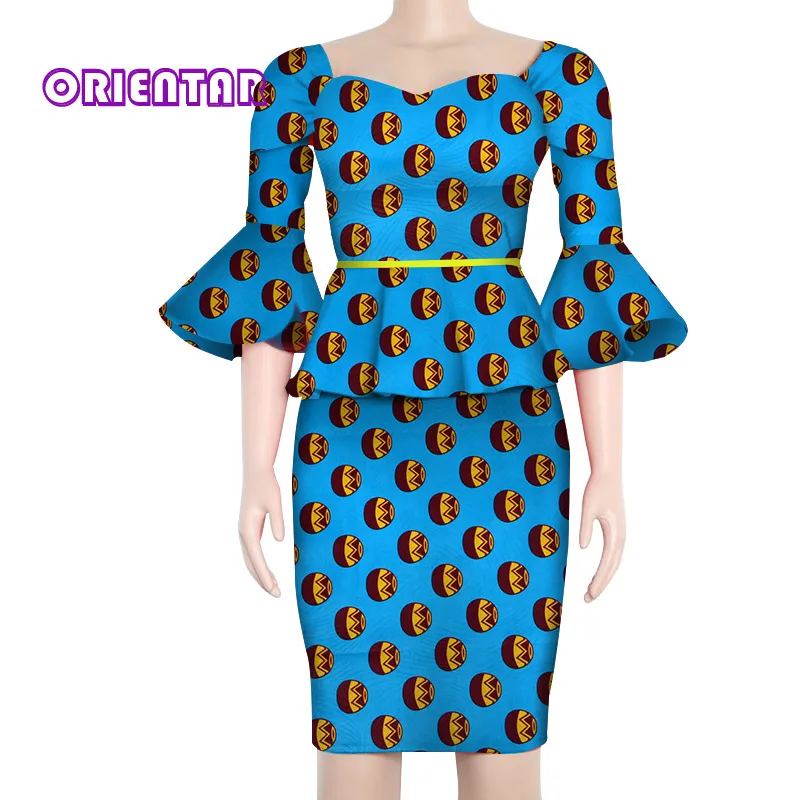 Модные африканские одежда Flare рукавом Топы и короткие женские юбки Базен Riche 2 юбка из кусочков комплект африканский дизайн Костюмы WY3763