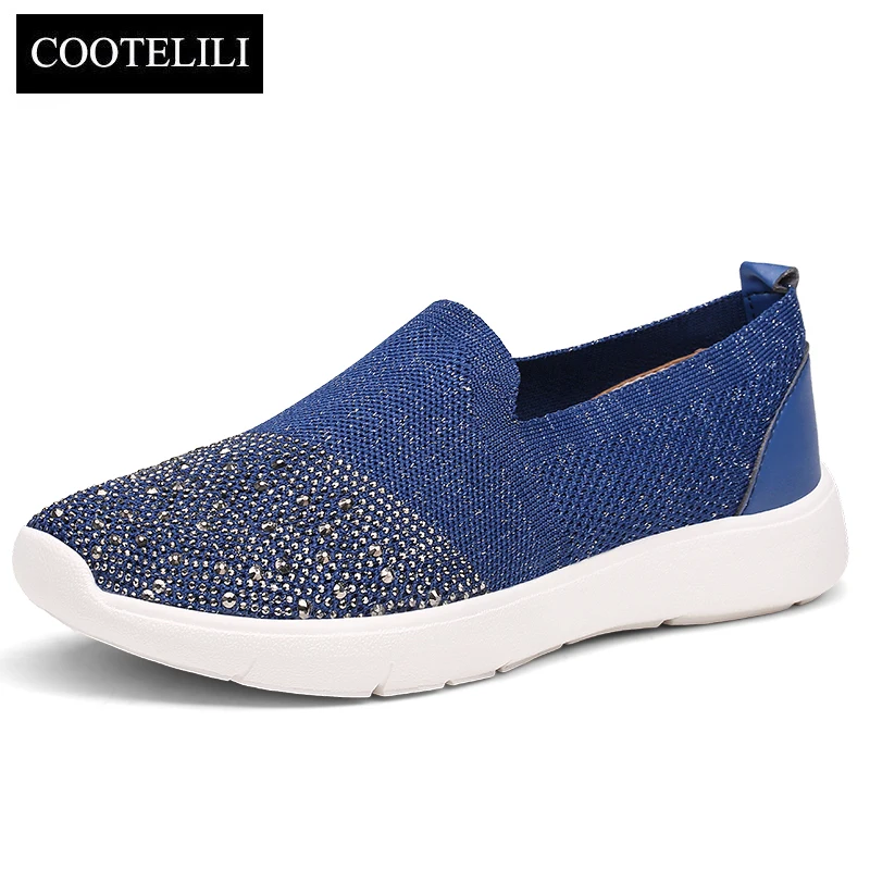 

COOTELILI Women Sneakers Platform Casual Shoes Woman Flats Slip on Rhinestone Loafers Ladies Black Beige Blue Plus Size 40 41 42