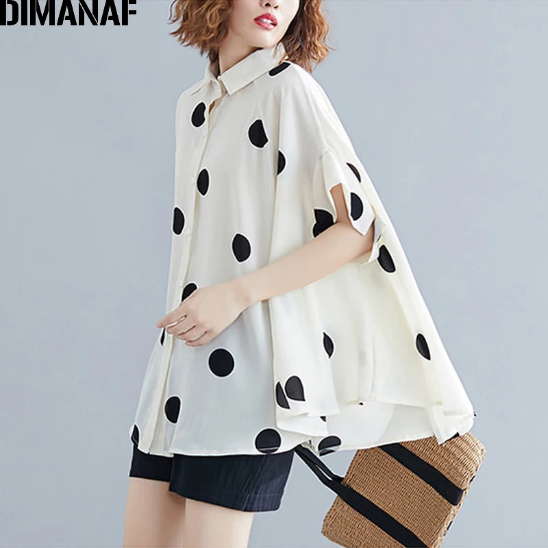  DIMANAF Plus Size Women Blouse Shirt Big Size Summer Casual Lady Tops Tunic Print Polka Dot Loose F