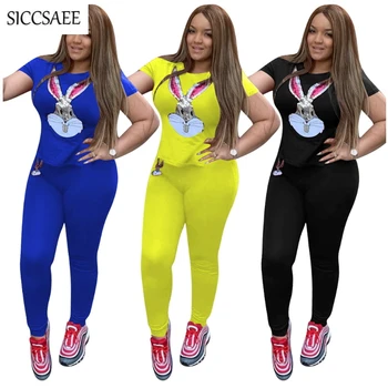 

Rabbit Cartoon Sequins Two Piece Set Short Sleeve Tee Long Pants Sweat Suit Sexy Casual Outfits For Women Tracksuit Activewear
