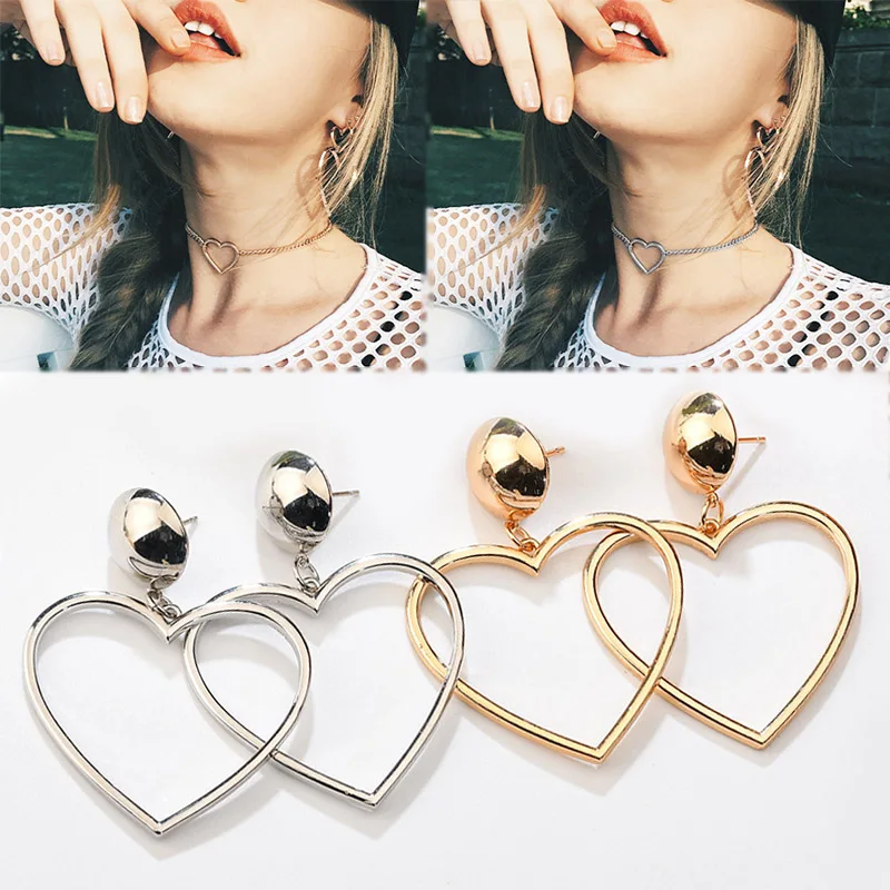 

Sale Hollow Heart Earrings for Women Exquesite Simple Statemen Dangle Earring Short Chain Silver Gold Punk Female Gifts