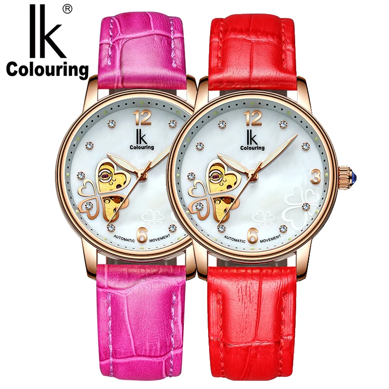 

Rose Case Skeleton Mechanical Watch Women IK Colouring Luxury Diamond Leather Clock Women's WristWatches for Woman Ladies Girls