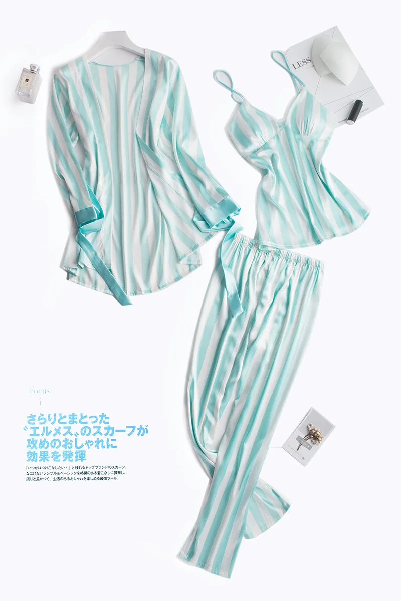 Корейские элегантные цветочные Сатиновые шелковые пижамы наборы для женщин с длинным рукавом шелковистые шелковые пижамы сексуальные 3 шт халат костюм женская пижама - Цвет: SJT-6