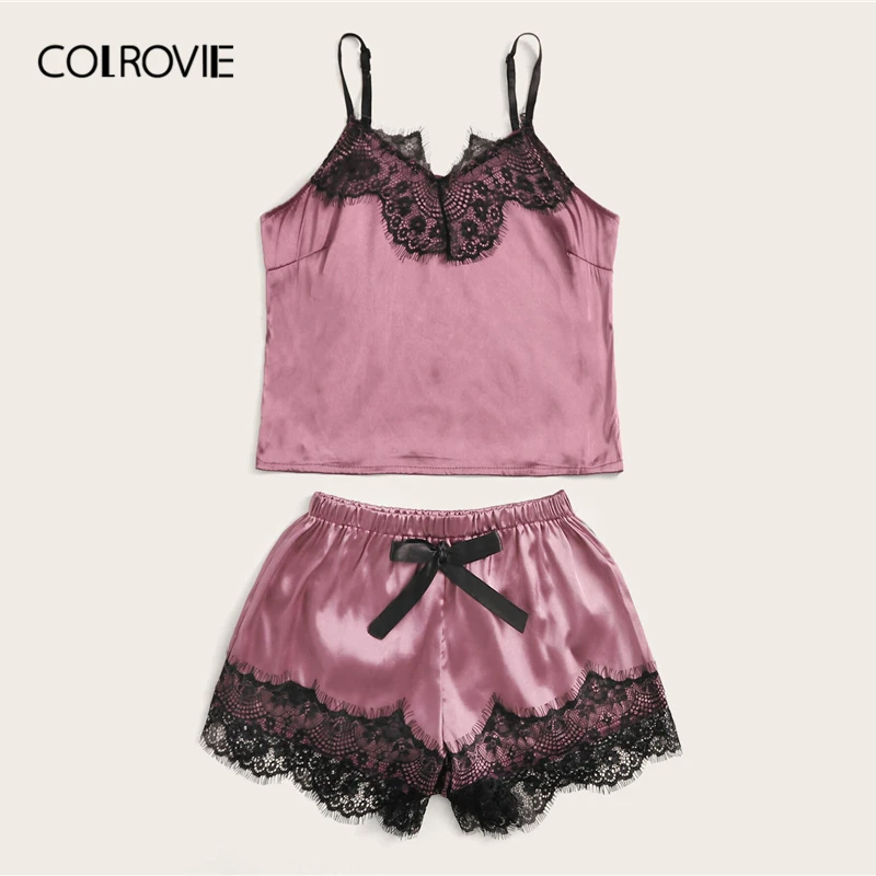 Женский Атласный пижамный комплект COLROVIE фиолетовый с шортами цветочным кружевом