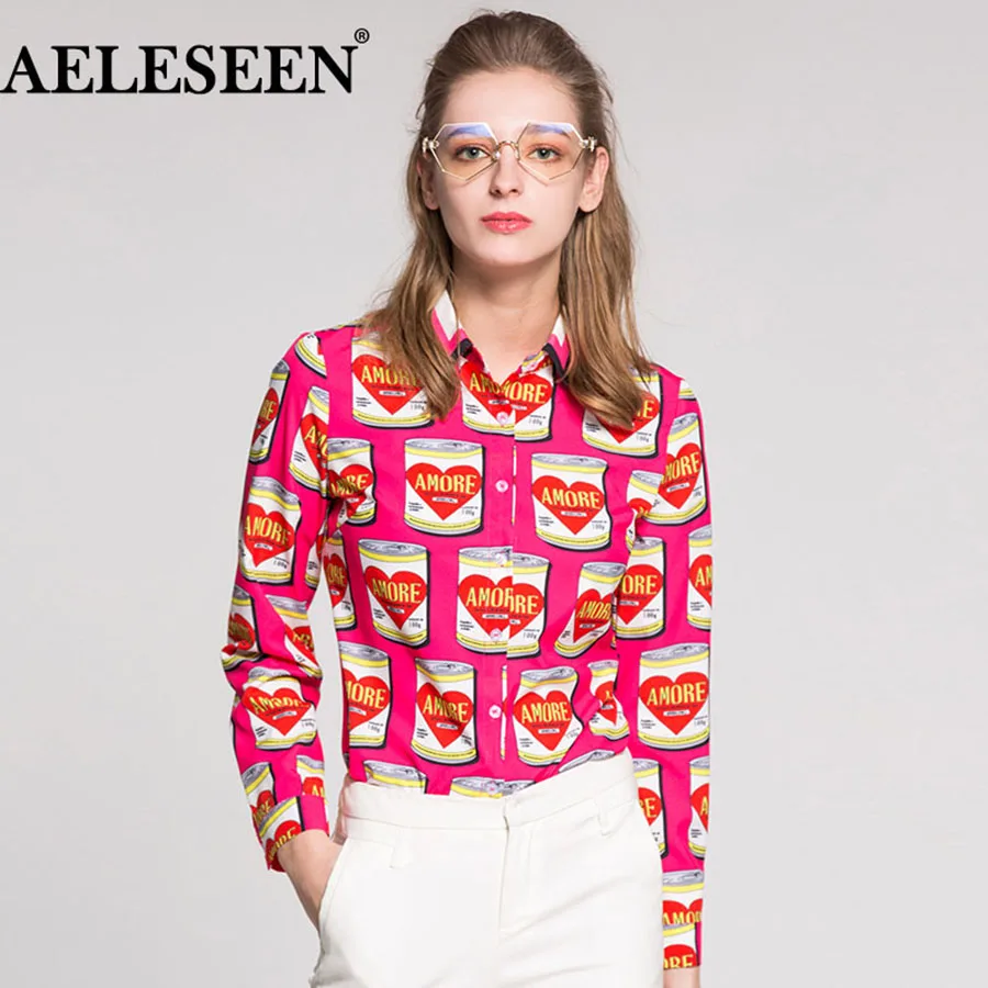 

AELESEEN Female High Quality Pink Blouses Fashion Full Sleeve Luxury Tops 2018 Canned Print Turn-down Collar Runway Shirt