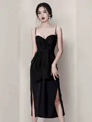 Лето 2019 г. облегаемая, пикантная, для вечеринок Винтаж платье Vestidos прямой разделение рубашка платья для женщин черный спагетти ремень без
